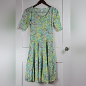 LuLaRoe Aqua, Green and Yellow Abstract Fit and Flare Dress Size S